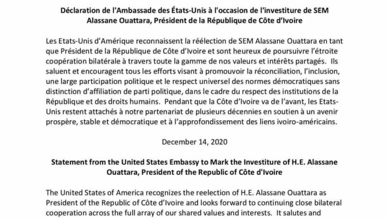Déclaration: de U.S. Embassy Abidjan à l’occasion de l’investiture de SEM Alassane Ouattara, Président de la République de Côte d’Ivoire