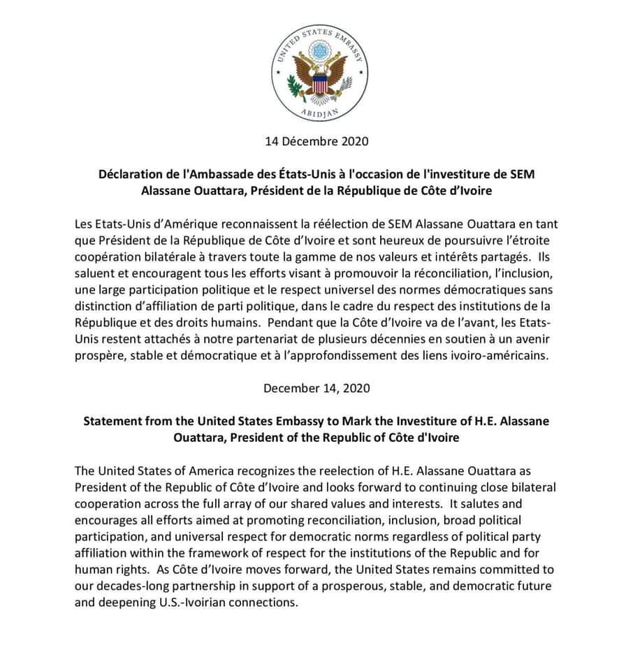 Déclaration: de U.S. Embassy Abidjan à l’occasion de l’investiture de SEM Alassane Ouattara, Président de la République de Côte d’Ivoire